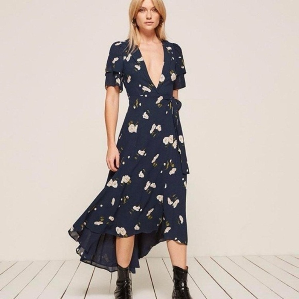 Reformation Layley Women's Navy Blue Floral Opaline Wrap Dress Size Small